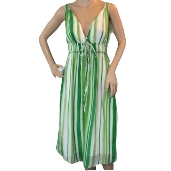 Zara Basic Green White Striped Deep Vneck Sundress Juniors Size Large - Picture 1 of 11